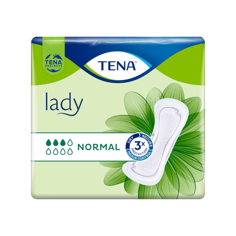 TENA Lady Normal absorbant zilnic | Pachet (30 de bucăți) de la TENA - Essity Germany GmbH, dezvoltat pentru tratarea incontinenței urinare, este prezentat pe un fundal verde-albastru. Ambalajul evidențiază „3x protecție” și „controlul mirosului” și arată în partea dreaptă o grafică a absorbantului, pentru a demonstra acest produs eficient pentru incontinență.