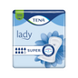 Ambalajul TENA Lady Super Inkontinenzvorlage | Pachet (30 bucăți) de la TENA - Essity Germany GmbH este realizat în albastru și alb. Elemente distinctive precum cuvintele „Lady“ și „SUPER“, picături absorbante, un grafic floral și termeni precum „Odour Control“ îl fac alegerea ideală pentru toți cei care caută protecție fiabilă împotriva incontinenței în cadrul programului TENA Protects.