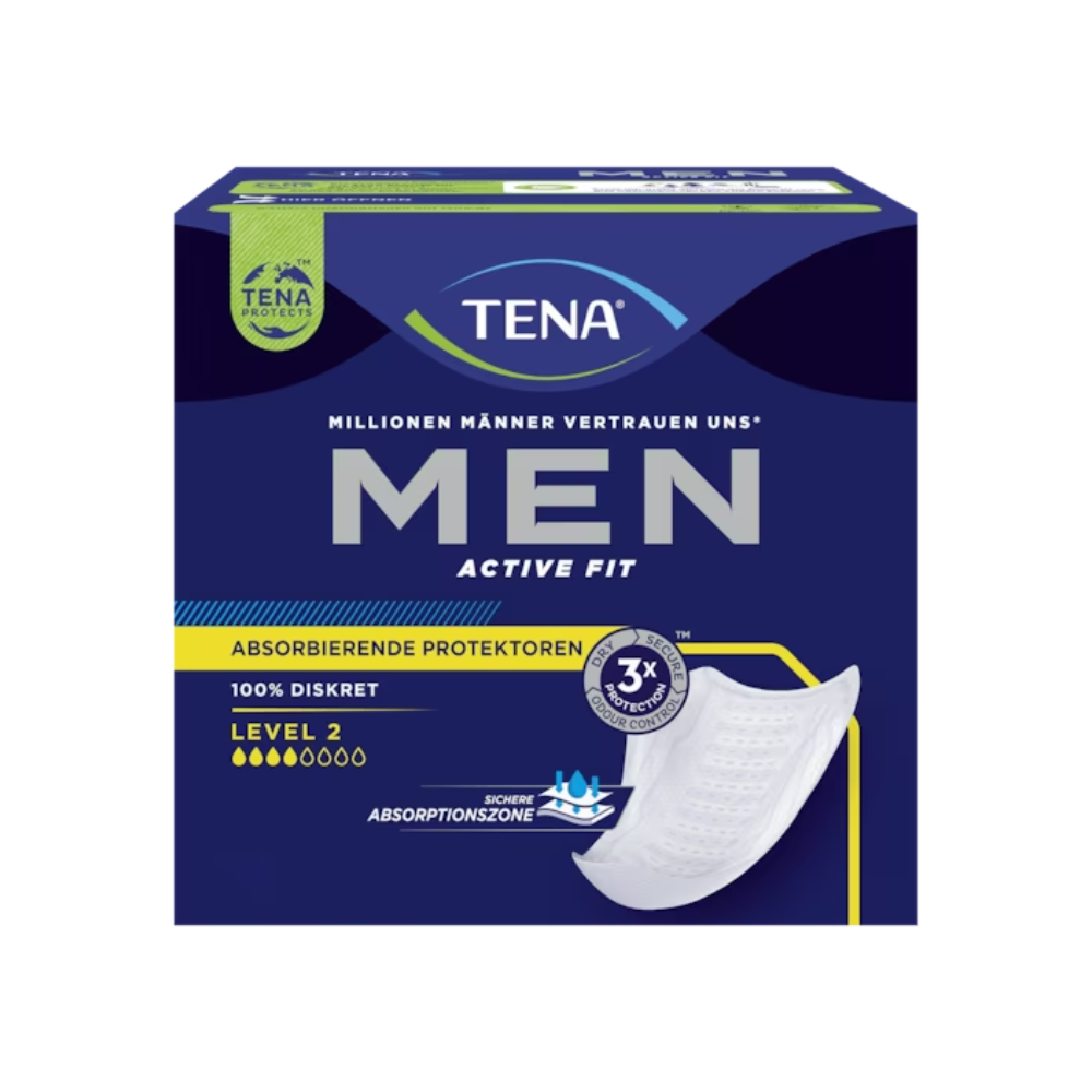 Imaginea arată un pachet de TENA Men Active Fit Level 2 absorbant pentru incontinență, dezvoltat de TENA - Essity Germany GmbH pentru protecția împotriva pierderilor urinare. Ambalajul albastru-negru evidențiază „100% discret” și dispune de o „zonă de absorbție” unde „3x protecție” este vizibil clar, împreună cu o reprezentare vizuală a formei produsului.
