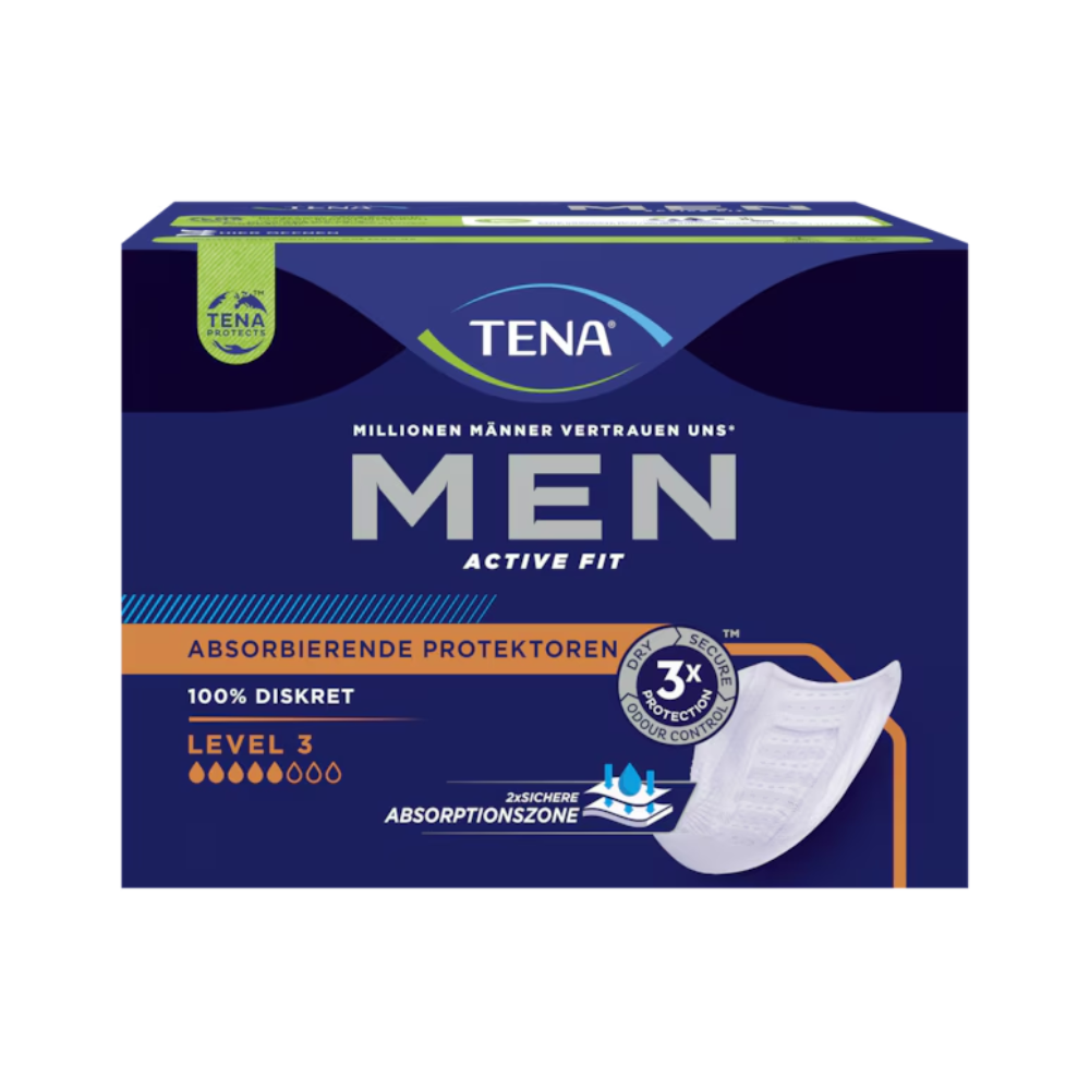 TENA Men Active Fit Level 3, protecția pentru incontinență, ambalată în albastru și negru distinctiv, este concepută pentru incontinența urinară. Acest produs de la TENA – Essity Germany GmbH prezintă un grafic cu scut și evidențiază avantaje precum protecția triplă și discreția absolută, ceea ce îl face alegerea ideală pentru bărbații care caută încredere și confort. Fiecare pachet conține 16 bucăți.