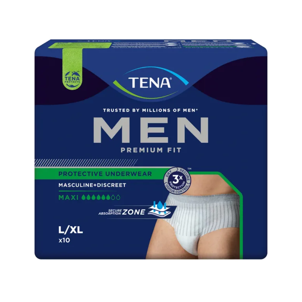 Ambalajul pentru TENA Men Active Fit Pants Maxi Inkontinenzpants este prezentat. Ambalajul de culoare albastru închis evidențiază caracteristici precum „masculin + discret” și „Maxi Absorbție”, fiind astfel perfect pentru pierderi urinare severe. Se poate vedea o ilustrație a pantalonilor pentru incontinență și mărimea L/XL.