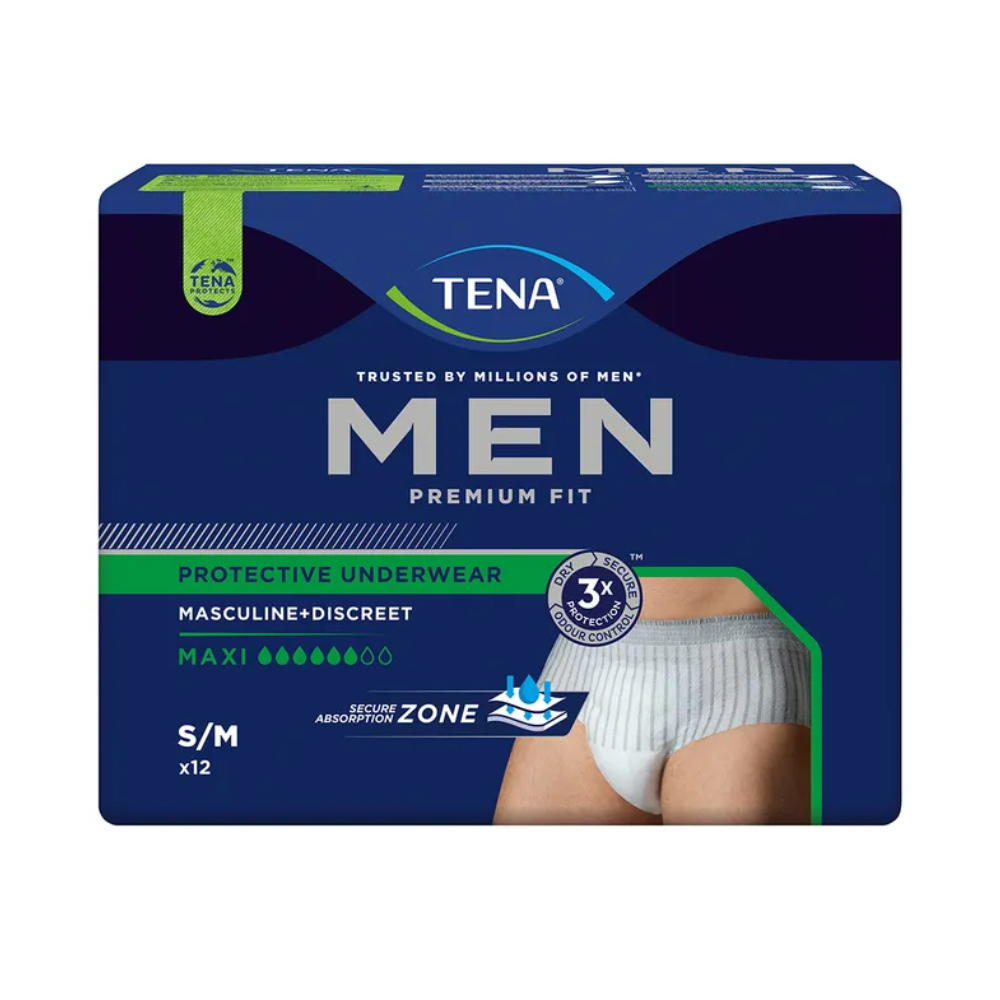 Ambalajul TENA Men Active Fit Pants Maxi Inkontinenzhose în mărimea S/M de la TENA - Essity Germany GmbH. Designul impresionează printr-un aspect masculin și discret, perfect pentru pierderi urinare severe cu absorbție maximă. Este afișată o imagine a produsului, însoțită de un text care indică o absorbție sigură și un număr de 12 bucăți.