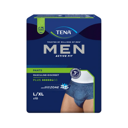Imaginea arată un pachet de pantaloni de incontinență TENA Men Active Fit Pants Plus de la Essity Germany GmbH. Ambalajul albastru cu marcaje verzi arată că acesta conține 10 pantaloni în mărimea L/XL, care sunt perfecți pentru tratarea incontinenței urinare. Caracteristicile remarcabile sunt designul masculin, potrivirea discretă și absorbția ridicată.