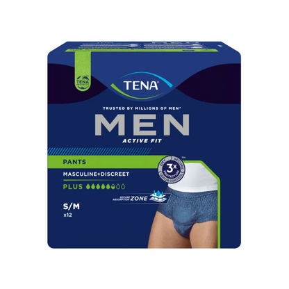 Pantalonii de incontinență TENA Men Active Fit Pants Plus, oferiți de TENA – Essity Deutschland GmbH, prezintă un ambalaj albastru închis cu accente verzi, care subliniază un design masculin și discret. Ei accentuează „3x Protecție” și „Plus Absorbție” pentru a contracara eficient pierderea urinară, iar pachetul conține 12 pantaloni în mărimea S/M.