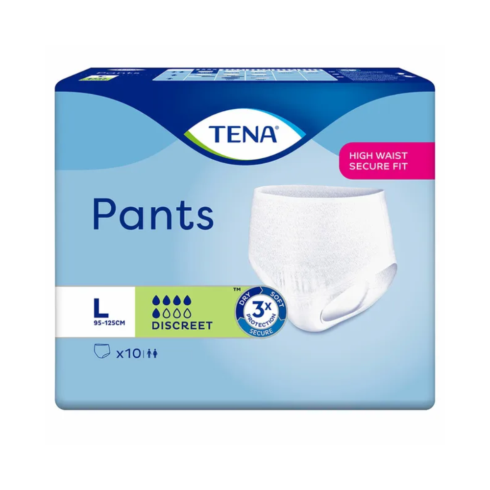 Chiloții de incontinență TENA Pants Discreet de la TENA – Essity Germany GmbH, mărimea Large, oferă o potrivire înaltă și sigură. Ambalajul subliniază designul lor discret, incluzând 10 chiloți de unică folosință (lenjerie de unică folosință), cu o schemă de culori albastru-alb, care evidențiază capacitatea de absorbție și caracteristicile de siguranță pentru tratarea slăbiciunii vezicii urinare.