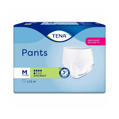 Imaginea arată chiloți pentru incontinență TENA Pants Discreet, mărime medie, potriviți pentru talie de 75-100 cm. Ambalajul este albastru-alb cu o imagine a produsului, care subliniază „Discret” și „High Waist Secure Fit”. Este o soluție ideală de lenjerie de unică folosință pentru slăbiciunea vezicii urinare. Conține 12 bucăți. Produs de TENA – Essity Deutschland GmbH.