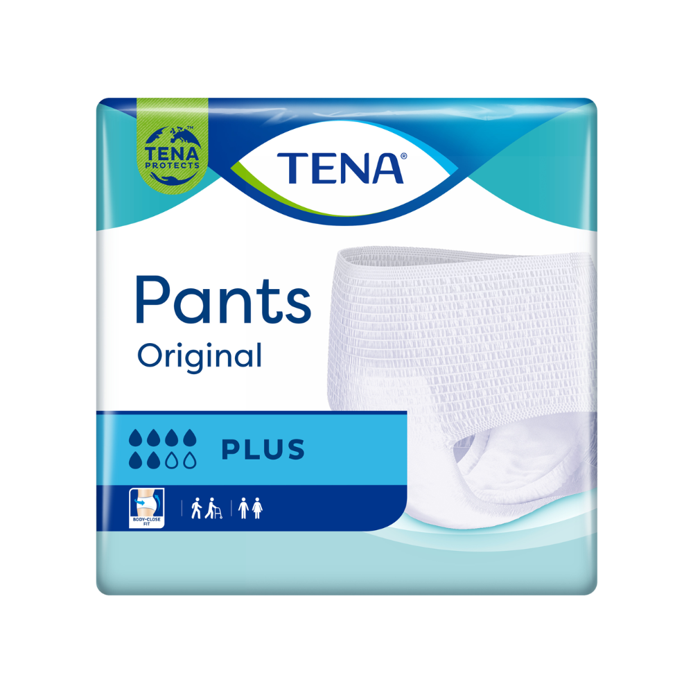 Ambalajul pantalonilor pentru incontinență TENA Pants Original Plus arată o imagine a acestui chilot protector pentru incontinență și subliniază astfel capacitatea sa de absorbție. Designul albastru-alb de la TENA – Essity Germany GmbH, potrivit atât pentru bărbați, cât și pentru femei, combate slăbiciunea vezicii urinare eficient cu stil și încredere în sine.