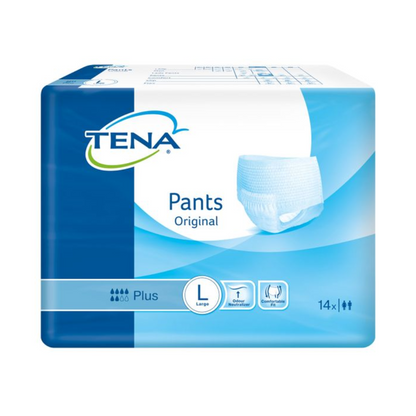 Un pachet de pantaloni pentru incontinență TENA Pants Original Plus de la TENA – Essity Deutschland GmbH vine într-un ambalaj albastru-alb, care indică puterea de absorbție „Plus”. Este disponibil în mărimea „Large” și include 14 chiloți de unică folosință pentru tratarea slăbiciunii vezicii urinare.