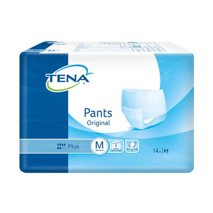 Un pachet de pantaloni pentru incontinență TENA Pants Original Plus oferă chiloți absorbanti pentru incontinență pentru adulți. Ambalajul predominant albastru-alb indică mărimea M, conține 14 bucăți și oferă protecție de încredere în caz de slăbiciune a vezicii urinare. Pe partea din față este afișată o imagine a produsului sub marca TENA – Essity Germany GmbH.