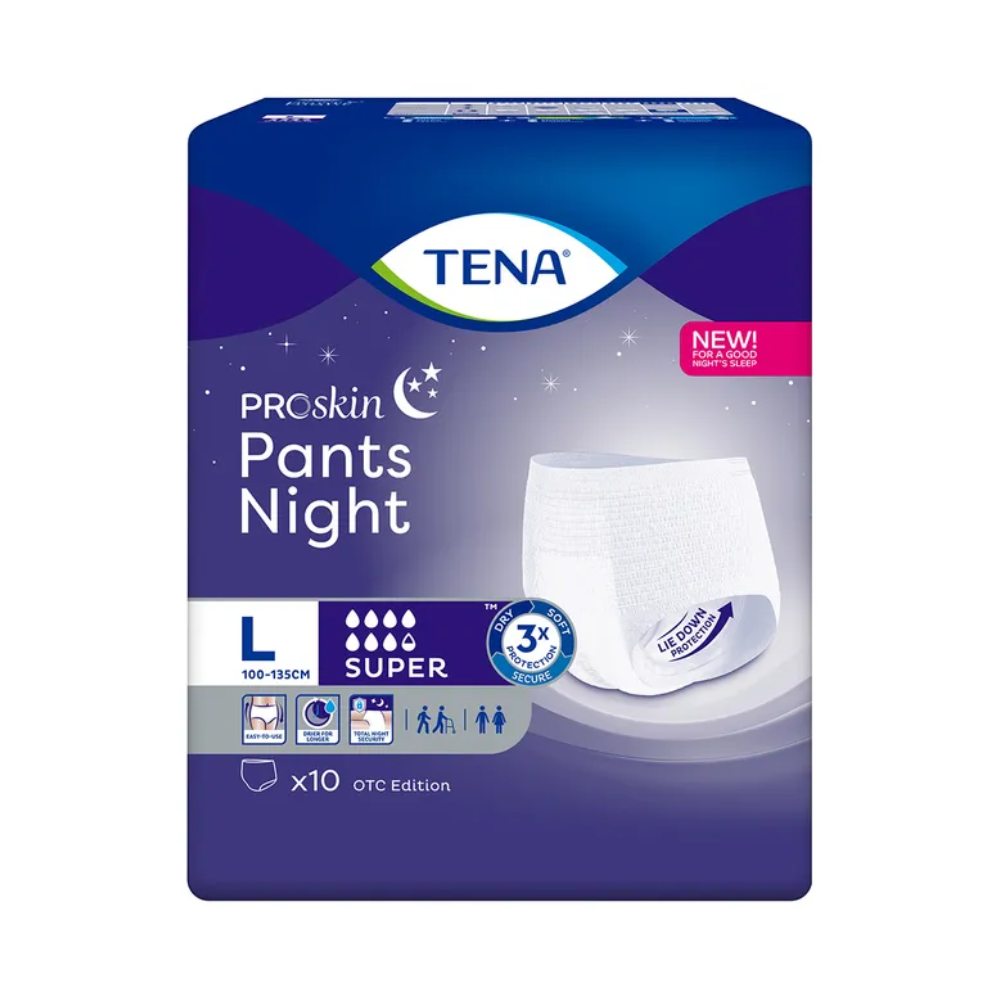Imaginea arată ambalajul pentru pantaloni de incontinență TENA ProSkin Pants Night Super de la TENA - Essity Germany GmbH. Această lenjerie de unică folosință este concepută pentru nevoile de incontinență și oferă o gamă largă de dimensiuni de la 100-135 cm. Oferă o absorbție superioară și protecție nocturnă cu proprietăți prietenoase cu pielea. Pachetul conține 10 pantaloni, perfect pentru tratarea slăbiciunii vezicii urinare.