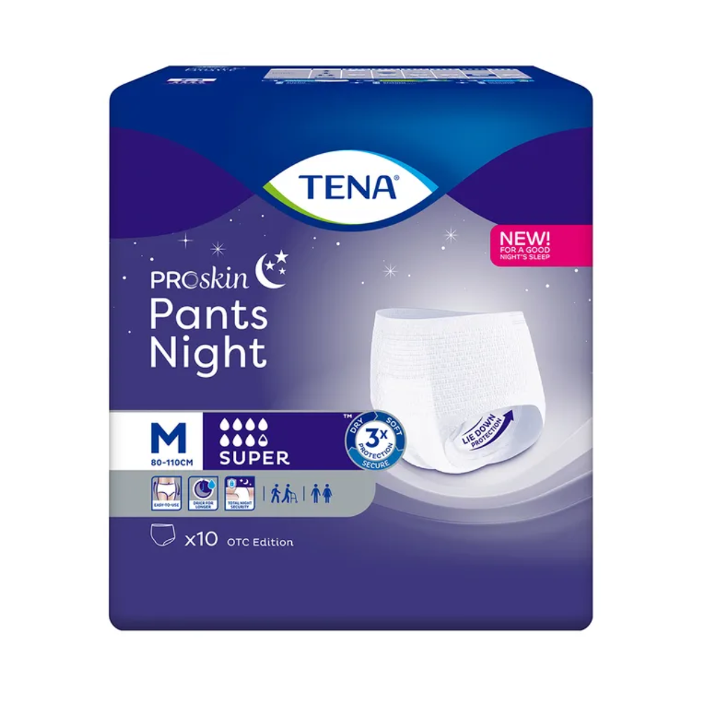 Imaginea arată un pachet de pantaloni de incontinență TENA ProSkin Pants Night Super de la TENA - Essity Germany GmbH, care este perfect pentru tratarea slăbiciunii vezicii urinare nocturne. Designul în violet și albastru cu margine albă evidențiază detalii precum mărimea M, care este potrivită pentru 80-110 cm, și conține 10 bucăți pe pachet.