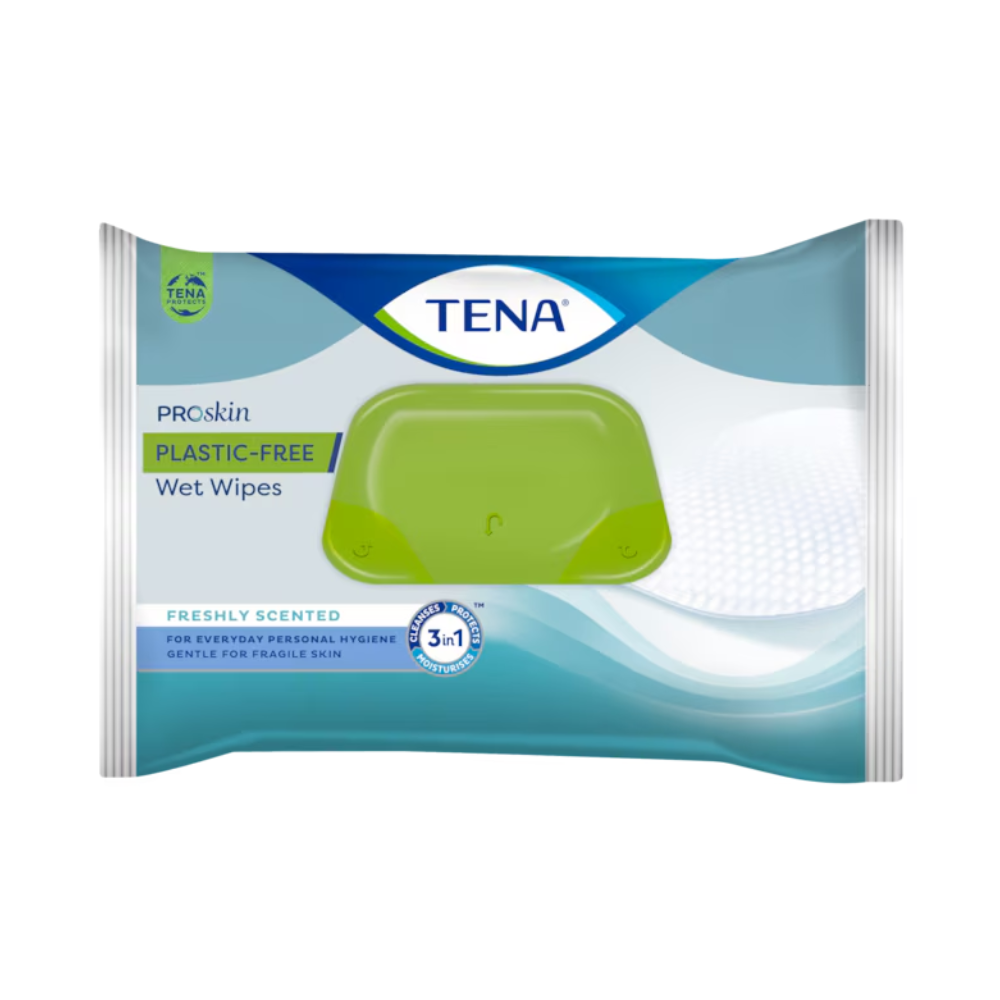 Șervețelele umede TENA ProSkin fără plastic, oferite de TENA - Essity Germany GmbH într-un pachet de 48 de bucăți, vin într-un ambalaj cu design verde-albastru și un capac verde resigilabil. Aceste șervețele sunt etichetate ca fiind proaspăt parfumate, oferă protecție pielii și sunt ideale pentru igiena zilnică a corpului datorită formulei lor delicate, fiind potrivite pentru pielea sensibilă.