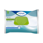 Șervețelele umede TENA ProSkin fără plastic, oferite de TENA - Essity Germany GmbH într-un pachet de 48 de bucăți, vin într-un ambalaj cu design verde-albastru și un capac verde resigilabil. Aceste șervețele sunt etichetate ca fiind proaspăt parfumate, oferă protecție pielii și sunt ideale pentru igiena zilnică a corpului datorită formulei lor delicate, fiind potrivite pentru pielea sensibilă.