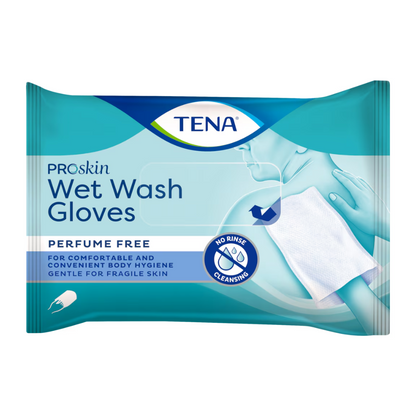 Ambalajul mănușilor umede TENA ProSkin Wet Wash Gloves, mănuși de spălat fără parfum | Pachet (8 bucăți) subliniază adecvarea lor pentru igiena corporală confortabilă. Mănușile sunt blânde cu pielea sensibilă și nu trebuie clătite. O ilustrație pentru demonstrarea utilizării se găsește pe partea din spate a ambalajului albastru.