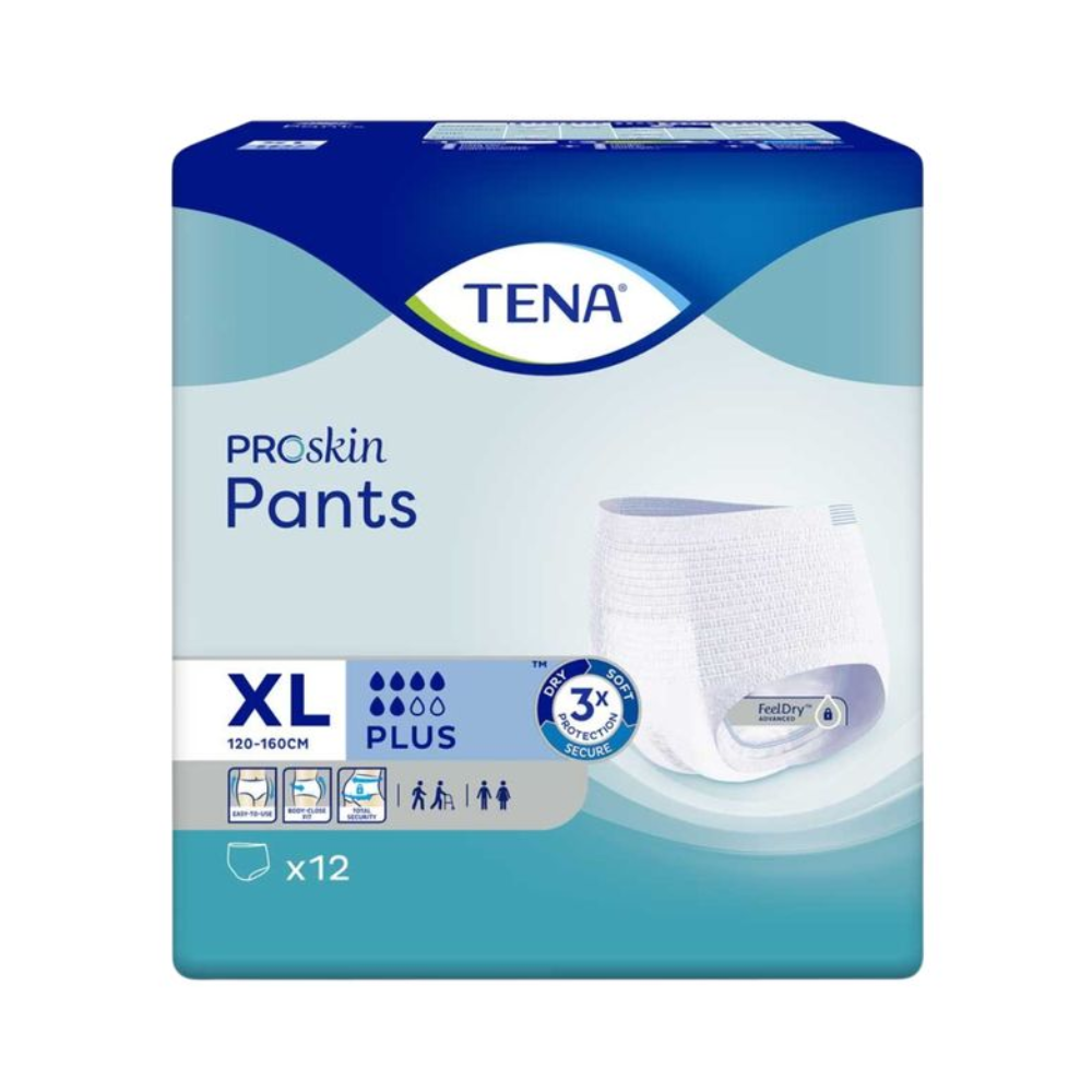 Eine Packung TENA Proskin Pants Plus Inkontinenzhosen in Größe XL für Taillenumfang 120-160 cm. Die Packung enthält 12 Hosen mit Plus-Saugfähigkeit und FeelDry Advanced-Technologie für extra Trockenheit, ideal für Personen mit Blasenschwäche. Die Packungsfarbe ist blau und weiß.
