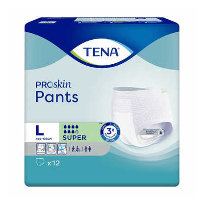Pantalonii de incontinență TENA ProSkin Pants Super, mărimea L de la TENA - Essity Germany GmbH, sunt potriviți pentru dimensiuni ale taliei între 100-135 cm. Ambalajul se prezintă într-un design albastru-verde și conține 12 pantaloni super absorbanti, care sunt perfecți pentru tratarea slăbiciunii vezicii urinare. Simbolurile subliniază angajamentul pentru confort și protecție.