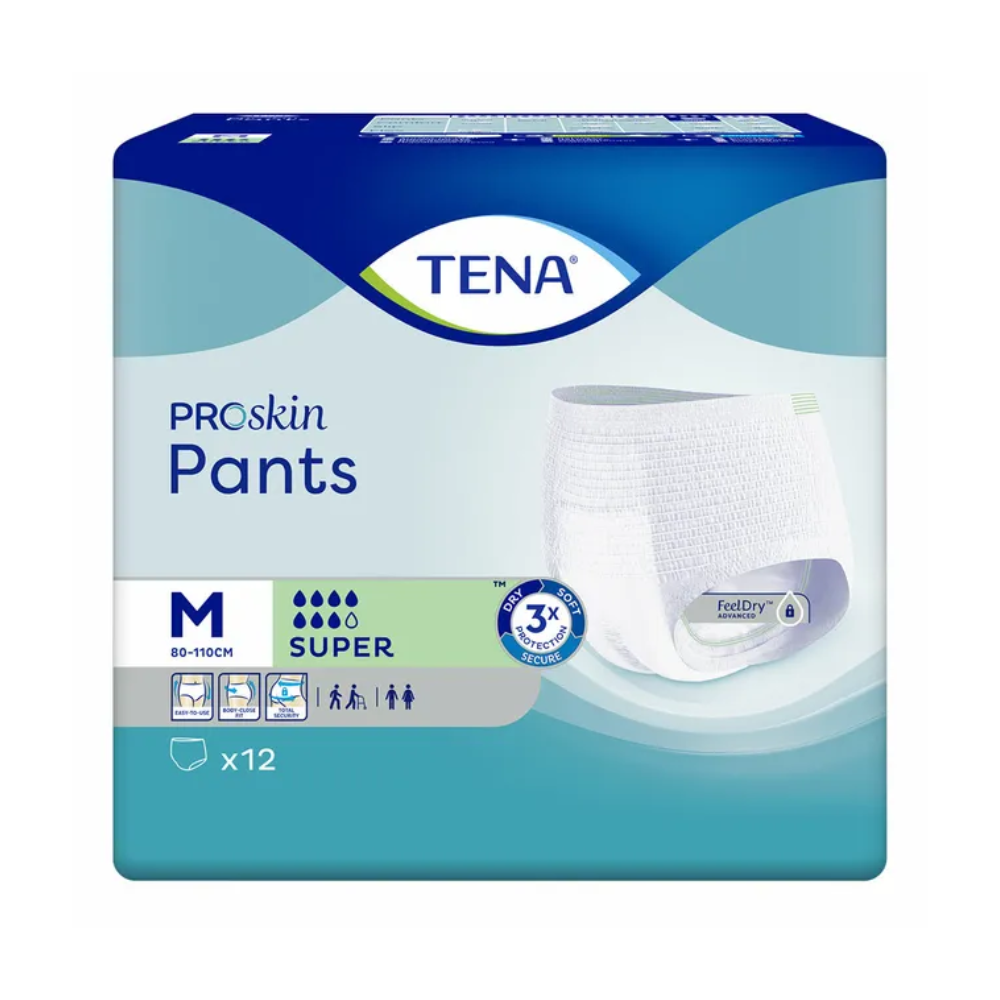 Ambalajul pantalonilor de incontinență TENA ProSkin Pants Super de la TENA - Essity Germany GmbH, potrivit pentru persoanele cu slăbiciune a vezicii urinare, mărimea M (80-110 cm). Prezintă o imagine a unui pantalon de incontinență și simboluri care indică puterea de absorbție și adecvarea pentru gen. Pachetul conține 12 pantaloni.