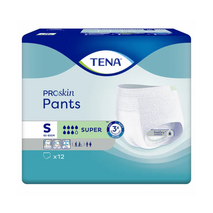 Ambalaj pentru TENA - Essity Germany GmbH TENA ProSkin Pants Super pantaloni de incontinență, mărimea S, potrivit pentru circumferința taliei de 65-85 cm. Ambalajul a fost dezvoltat pentru tratarea slăbiciunii vezicii urinare și prezintă o imagine a pantalonilor de incontinență, care sunt marcați cu puterea de absorbție „Super” și conțin „x12” bucăți. Fundalul arată un gradient de culori din albastru și alb.