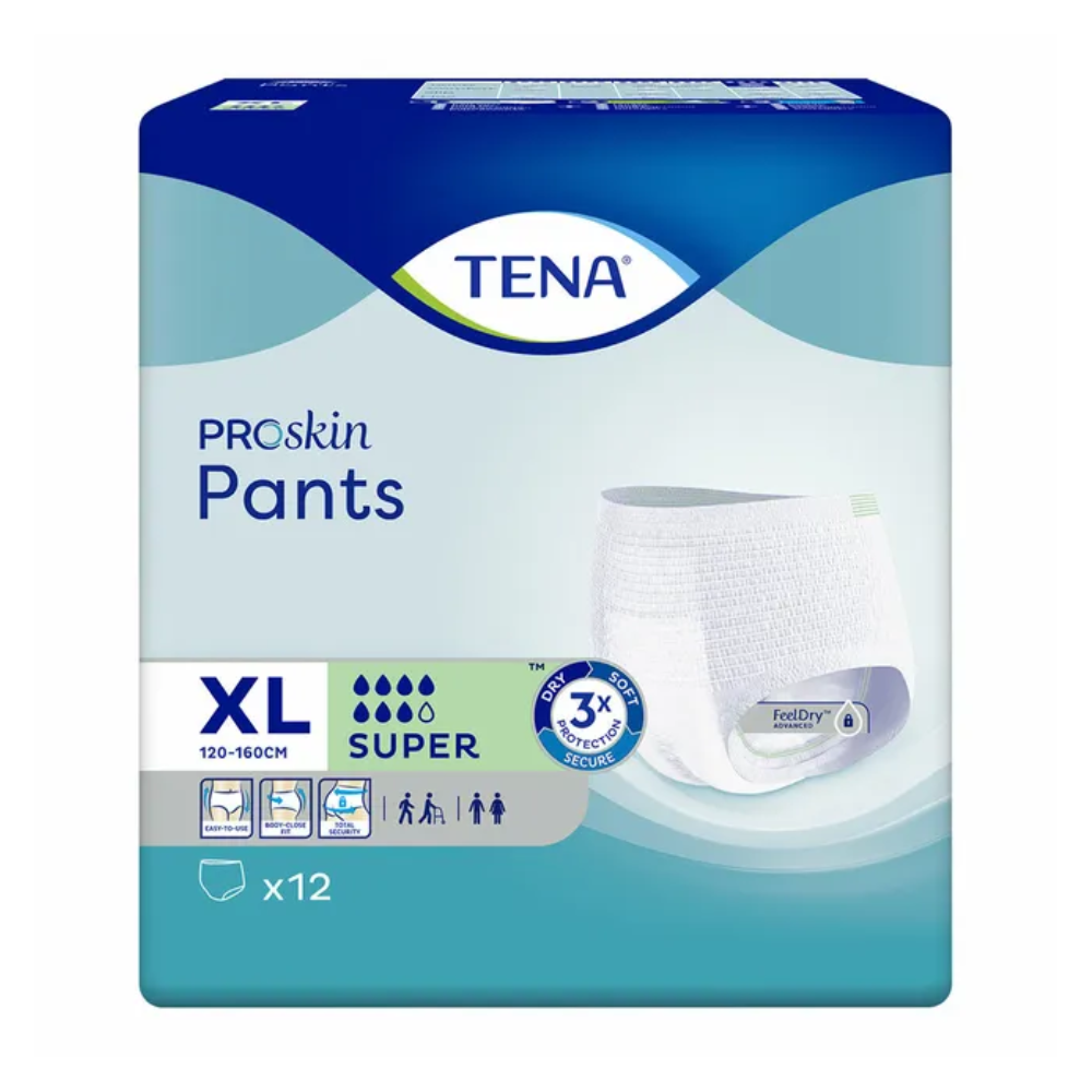 Un pachet de pantaloni de incontinență TENA Proskin Pants Super de la TENA – Essity Germany GmbH, disponibil în mărimea XL (120-160 cm), este destinat persoanelor cu slăbiciune a vezicii urinare. Ambalajul subliniază puterea de absorbție „Super” și prezintă imagini care demonstrează o potrivire sigură și o manipulare ușoară. Fiecare pachet conține 12 pantaloni de incontinență.