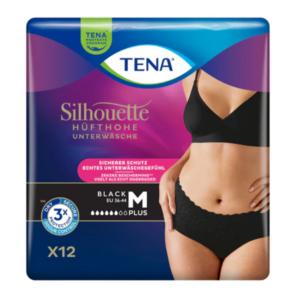 Imaginea ambalajului TENA Silhouette Plus Black Inkontinenzpants prezintă chiloți până la șold, concepuți pentru protecția vezicii urinare. Pachetul cu un tors negru elegant și inscripția EU 36-44 M conține 12 bucăți și promite protecție triplă împotriva slăbiciunii vezicii urinare.