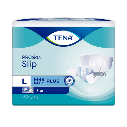 Die Verpackung der TENA Slip Plus Inkontinenzvorlage mit Hüftbund, hergestellt von TENA – Essity Germany GmbH, Größe Large, hebt ihr Design mit Symbolen hervor, die auf Merkmale wie hervorragende Saugfähigkeit und Auslaufschutz hinweisen. Das Farbschema ist blau und weiß, und jede Packung enthält 30 Stück.
