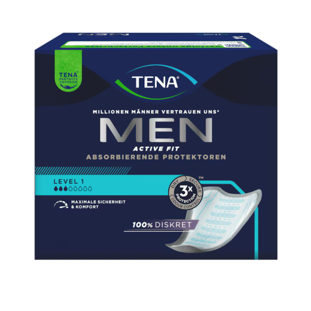 Eine Schachtel Muster TENA Men Active Fit von TENA - Essity Germany GmbH in einer marineblauen Verpackung, die Produktdetails und eine Abbildung der Schutzeinlage auf der Vorderseite zeigt - speziell für Blasenschwäche Männer entwickelt.