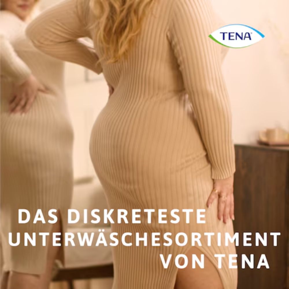 Eine Person in einem taillierten beigen Kleid steht mit dem Rücken zur Kamera. Das TENA-Logo erscheint oben rechts. Der deutsche Text darunter lautet: "TENA Silhouette Plus Creme Inkontinenzslips - das diskreteste Sortiment von TENA - Essity Germany GmbH.