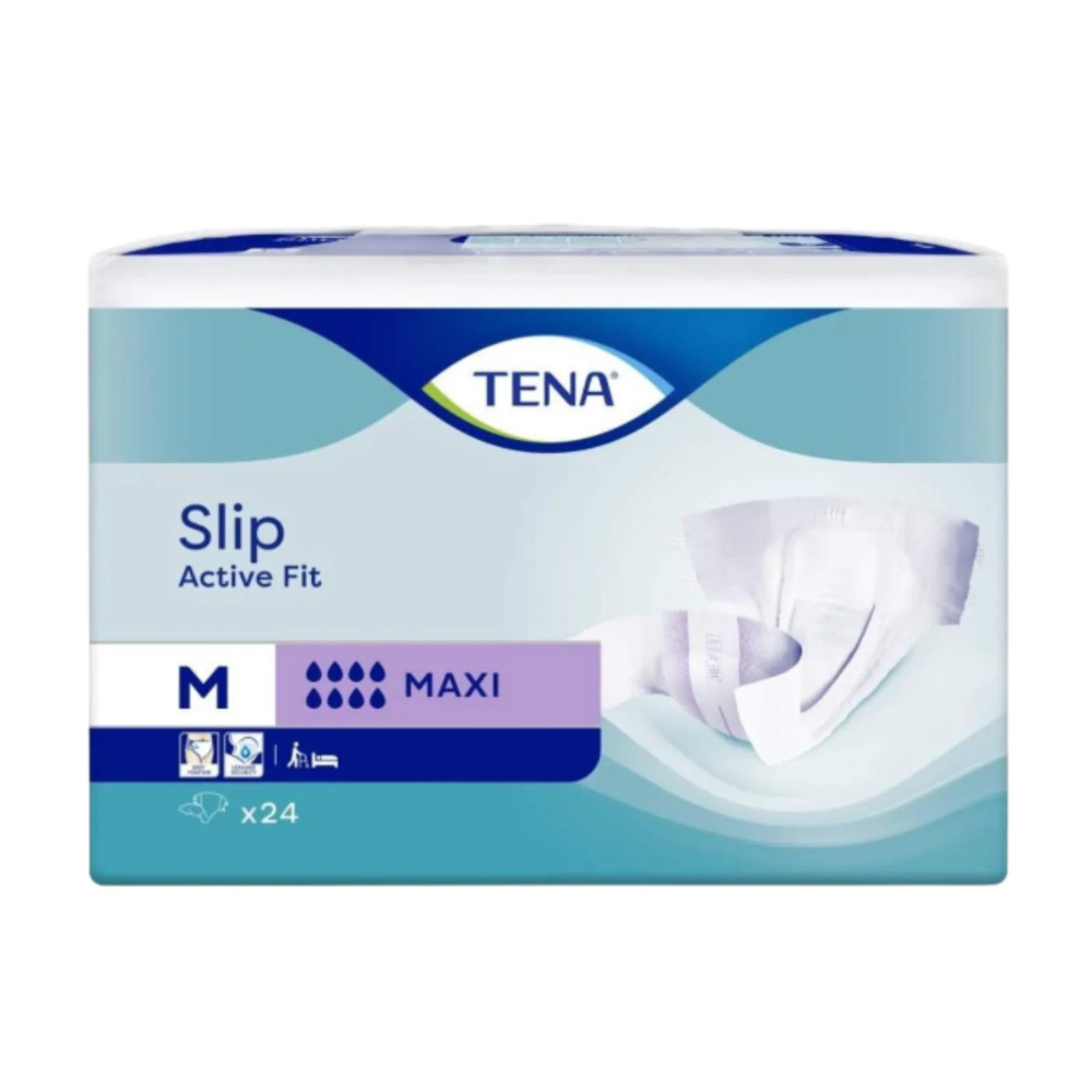 Eine rechteckige Packung von TENA Slip Active Fit Maxi von TENA - Essity Germany GmbH, Größe M mit Maxi-Saugfähigkeit und Auslaufschutz. Enthält 24 Slips in blauer und weißer Verpackung mit Produktbildern und -symbolen.