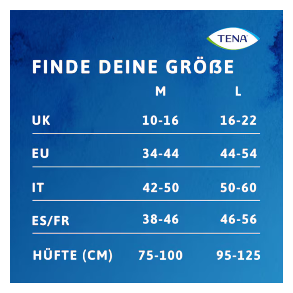 Eine Größentabelle für Muster TENA silhouette Plus White von TENA - Essity Germany GmbH listet M (Hüfte 75-100 cm) und L (Hüfte 95-125 cm) mit UK-, EU-, IT- und ES/FR-Größen auf und bietet somit diskreten Komfort für verschiedene Maße.