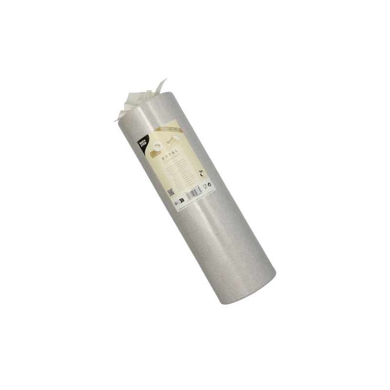 Un sul PAPSTAR material similar cu față de masă, amestec PV-Tissue „Colecția ROYAL“ de la PAPSTAR GmbH este etichetat elegant cu informații despre produs. Sulul stă vertical pe un fundal alb simplu și își arată compoziția de amestec de pulpă-viscoză-tesut de înaltă calitate.