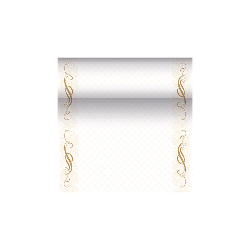 Un șablon decorativ de certificat din colecția „ROYAL“ de la PAPSTAR evidențiază un fundal cu gradient și margini aurii ornamentate, care prezintă modele florale elegante și ondulate. Zona centrală este lăsată liberă pentru text sau design personalizat și emană o notă sofisticată, care amintește de designurile fațelor de masă PAPSTAR asemănătoare țesăturii PV-Tissue Mix.