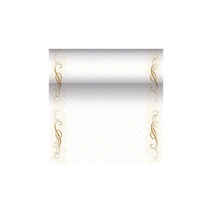 Un șablon decorativ de certificat din colecția „ROYAL“ de la PAPSTAR evidențiază un fundal cu gradient și margini aurii ornamentate, care prezintă modele florale elegante și ondulate. Zona centrală este lăsată liberă pentru text sau design personalizat și emană o notă sofisticată, care amintește de designurile fațelor de masă PAPSTAR asemănătoare țesăturii PV-Tissue Mix.