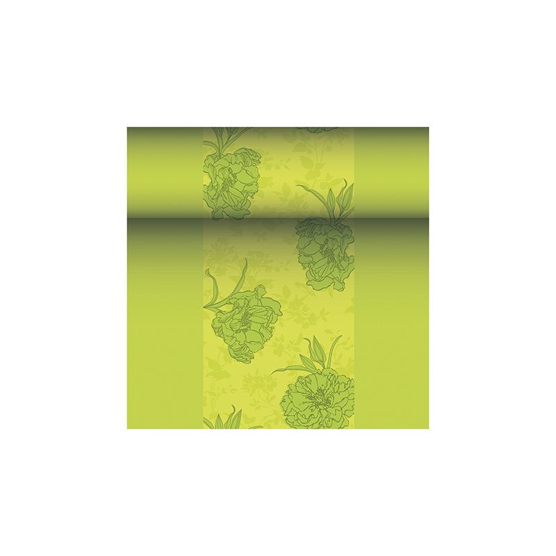 Se prezintă un rulou de tapet cu model floral în tonuri de verde, care amintește de colecția elegantă ROYAL de la PAPSTAR GmbH. Acest design prezintă flori mari într-un verde puțin mai închis pe un fundal verde mai deschis și emană un farmec elegant, similar cu cel al faței de masă PAPSTAR asemănătoare țesăturii PV-Tissue Mix „ROYAL Collection“ în dimensiunile 24 m x 40 cm.