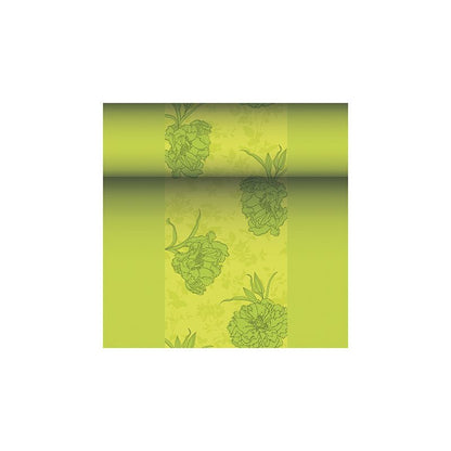 Se prezintă un rulou de tapet cu model floral în tonuri de verde, care amintește de colecția elegantă ROYAL de la PAPSTAR GmbH. Acest design prezintă flori mari într-un verde puțin mai închis pe un fundal verde mai deschis și emană un farmec elegant, similar cu cel al faței de masă PAPSTAR asemănătoare țesăturii PV-Tissue Mix „ROYAL Collection“ în dimensiunile 24 m x 40 cm.