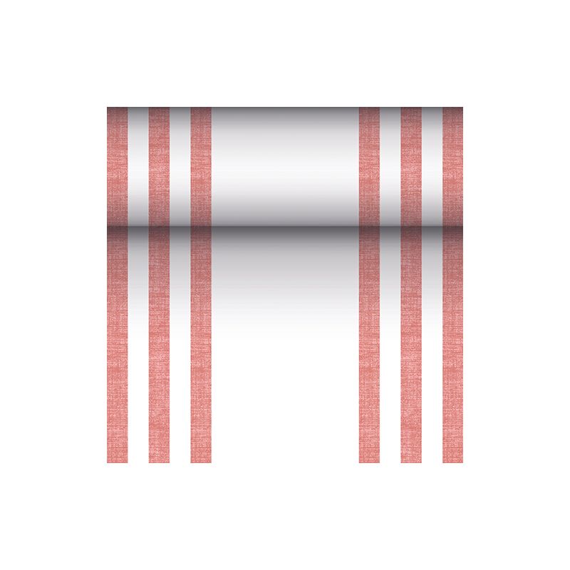 Alergătorul de masă asemănător țesăturii PV-Tissue Mix „ROYAL Collection“ de la PAPSTAR GmbH, în dimensiunile 24 m x 40 cm, impresionează printr-un design distinctiv cu șase linii verticale roșii, completat de un gradient central orizontal de la negru la alb pe un fundal alb impecabil.