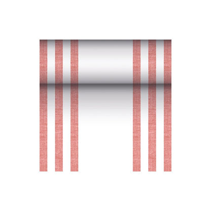 Alergătorul de masă asemănător țesăturii PV-Tissue Mix „ROYAL Collection“ de la PAPSTAR GmbH, în dimensiunile 24 m x 40 cm, impresionează printr-un design distinctiv cu șase linii verticale roșii, completat de un gradient central orizontal de la negru la alb pe un fundal alb impecabil.