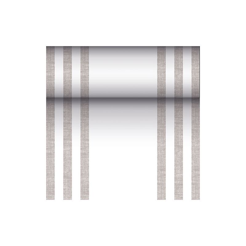 Un cilindru metalic reflectorizant este suspendat de trei linii verticale paralele maro pe fiecare parte, amintind de designul modern al unui alergător de masă asemănător țesăturii PV-Tissue Mix din „ROYAL Collection“ de la PAPSTAR, pe un fundal alb.