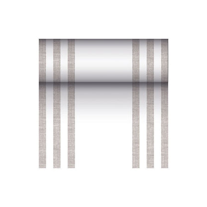 Un cilindru metalic reflectorizant este suspendat de trei linii verticale paralele maro pe fiecare parte, amintind de designul modern al unui alergător de masă asemănător țesăturii PV-Tissue Mix din „ROYAL Collection“ de la PAPSTAR, pe un fundal alb.