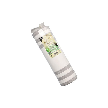 O rolă de textile de casă în dungi bej și alb din „ROYAL Collection“ de la PAPSTAR GmbH este realizată dintr-un amestec de țesătură PV și este livrată frumos rulată într-un ambalaj de plastic transparent cu o etichetă cu detalii despre produs. Cu o lungime de 24 de metri și o lățime de 40 de centimetri, poate fi folosită elegant ca alergător de masă.