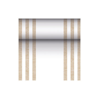 Fața de masă PAPSTAR asemănătoare țesăturii PV-Tissue Mix „ROYAL Collection“ de la PAPSTAR GmbH este o față de masă dreptunghiulară cu dimensiunile de 24 de metri pe 40 de centimetri, a cărei suprafață albă este decorată pe fiecare parte cu două perechi de linii verticale maro, care oferă un aspect simetric. În mijloc se află un gradient de culoare care începe închis la mijloc și devine mai deschis spre margini.