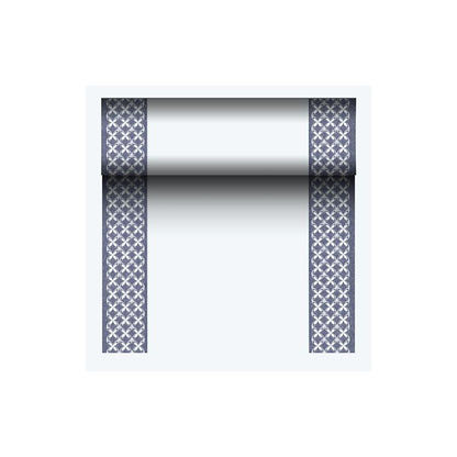 Alergătorul de masă asemănător țesăturii PV-Tissue Mix „ROYAL Collection“ de la PAPSTAR GmbH este realizat dintr-un amestec de celuloză-viscoză-tesut de înaltă calitate. Are două margini înguste de culoare albastru închis cu un model repetitiv de X, pe un centru elegant alb. Perfect pentru a adăuga rafinament oricărui ambient.