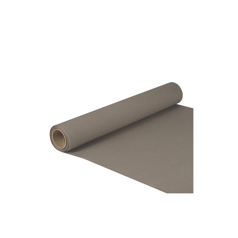 Un rolă de PAPSTAR de țesătură pentru masă „ROYAL Collection“ în dimensiuni de 5 m x 40 cm și cu certificare FSC® este parțial derulată și arată suprafața netedă. Plasată pe un fundal alb, miezul este vizibil pe partea stângă.