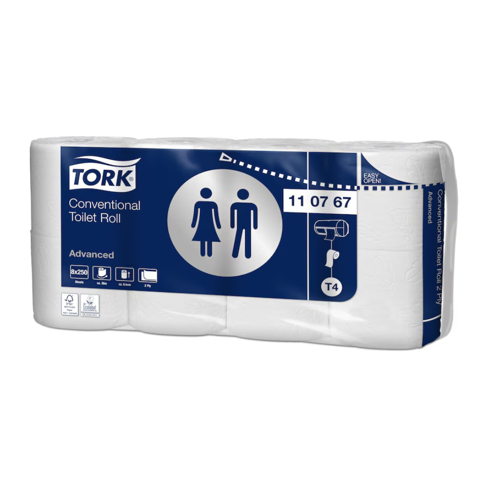 Hârtia igienică Tork 110767 cu role mici Advanced T4, marca TORK – Essity Professional Hygiene Germany GmbH, este disponibilă într-un design albastru-alb cu simboluri care indică adecvarea pentru toaletele bărbaților și femeilor. Acest pachet conține șase role de hârtie igienică moale.