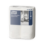 Un carton cu 24 de role Tork 120269 prosoape de bucătărie extra-absorbante Premium cu 2 straturi de la Essity Professional Hygiene Germany GmbH arată logo-ul mărcii și detalii despre produs, simbolurile indicând construcția de înaltă calitate cu două straturi. Rolele albe au un model discret în relief.