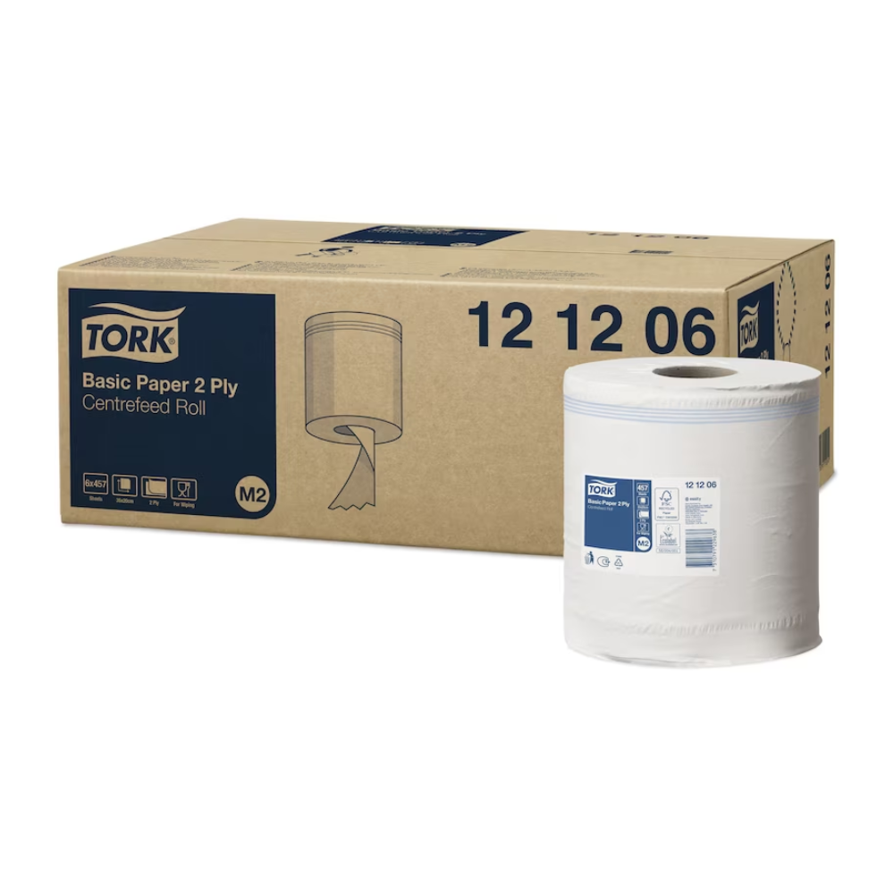 Un carton mare cu inscripția „Tork 121206 Prosoape de hârtie standard Universal M2 cu 2 straturi | Carton (6 role)“ de la TORK – Essity Professional Hygiene Germany GmbH stă lângă un singur sul de hârtie albă. Ambalajul prezintă detalii ale produsului, arată o imagine a unui sul și evidențiază designul cu două straturi al Universal M2 pentru cerințe versatile de curățare.