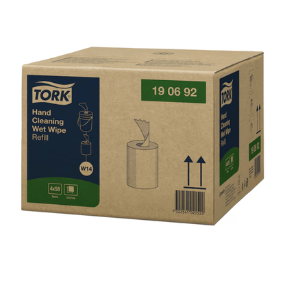 Ambalaj de carton Tork 190692 rezerve pentru șervețele umede de curățare a mâinilor Premium W14 cu un strat de la TORK - Essity Professional Hygiene Germany GmbH | Carton (4 pachete). Cutia prezintă o schiță simplă a unui distribuitor de șervețele umede și conține detalii despre produs, cum ar fi dimensiunea și cantitatea. Ideal pentru îndepărtarea uleiului și murdăriei, codul de bare și săgețile de orientare sunt clar vizibile.