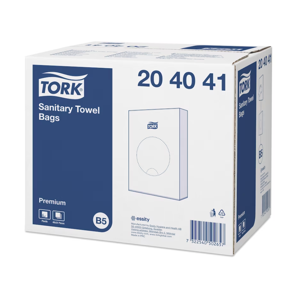 Un carton cu pungi igienice Tork 204041 Alb B5 conține 48 de pachete și este conceput pentru eliminarea igienei feminine. Cartonul este predominant în culorile albastru și alb și prezintă brandingul produsului, precum și o ilustrație a conținutului. Logo-ul Essity este amplasat proeminent pe lateral și este ideal pentru îmbunătățirea igienei în toalete.