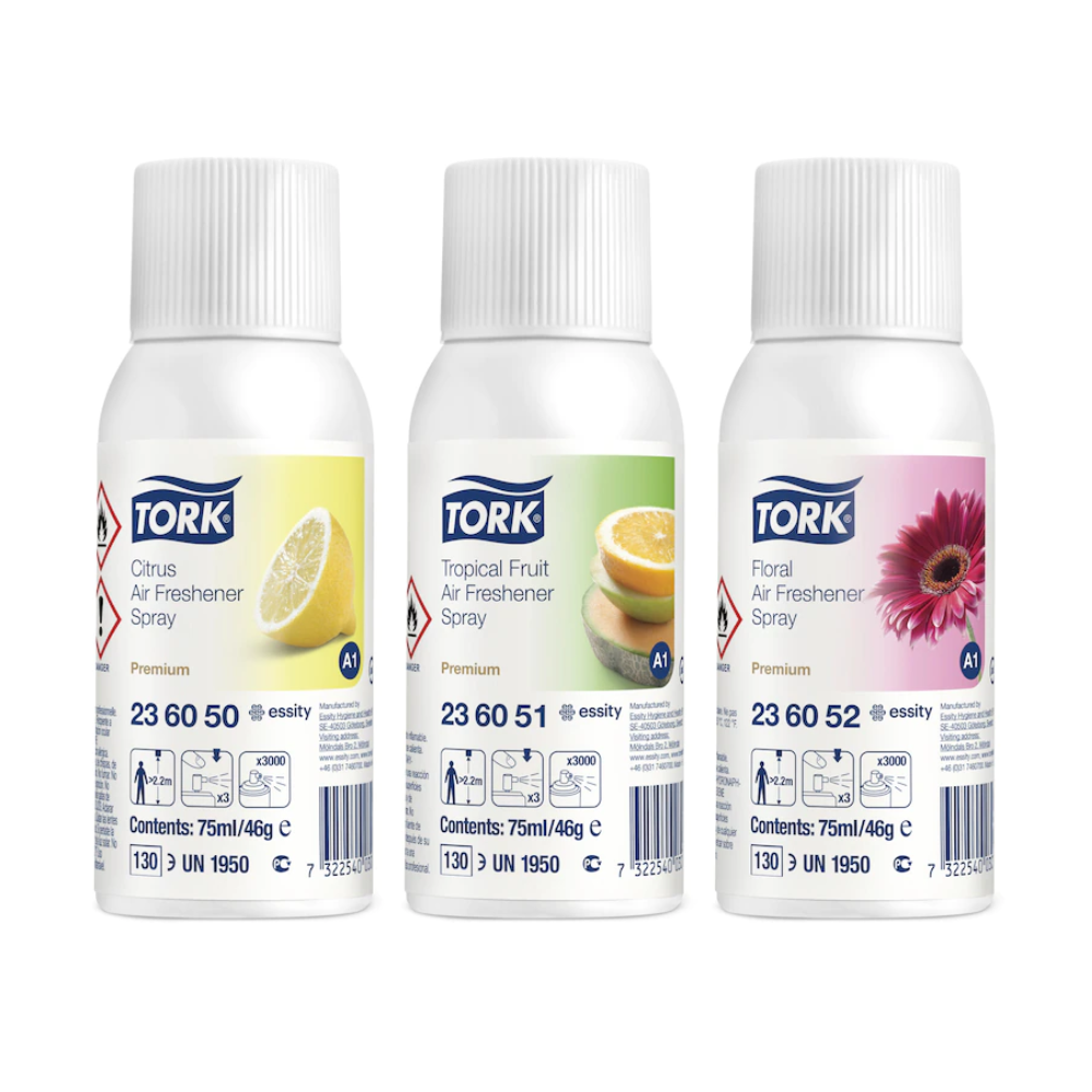 Trei spray-uri odorizante Tork 236056 în pachet mixt (citrice, fructe tropicale, floral) cu motive potrivite pe etichetă albă - ideal pentru neutralizarea mirosurilor și prospețime de durată. Cutia conține 12 sticle.