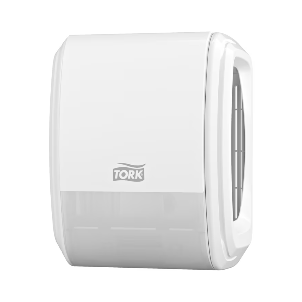 Vă prezentăm distribuitorul de prosoape de hârtie Tork 256010 de la Essity Professional Hygiene Germany GmbH. Acest dispozitiv montabil pe perete are un exterior alb cu o secțiune inferioară transparentă pentru acces rapid la prosoapele de hârtie, completat de logo-ul TORK afișat proeminent pe partea frontală. Proiectat pentru a îmbunătăți experiența dvs. în cameră cu estetica sa minimalistă și funcțională.