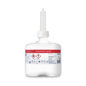 O sticlă albă de gel dezinfectant pentru mâini Tork 420102 Mini de la TORK – Essity Professional Hygiene Germany GmbH, cu o etichetă roșie cu simboluri de siguranță și un duză lungă în partea de sus. Eticheta conține instrucțiuni pentru dezinfectarea chirurgicală a mâinilor cu 80% alcool denaturat.